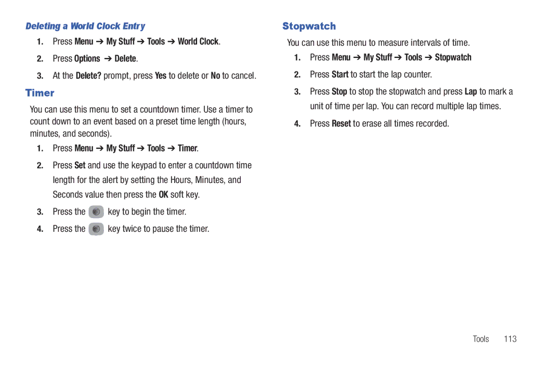 Samsung SGH-A687ZPAATT user manual Timer, Stopwatch, Deleting a World Clock Entry 