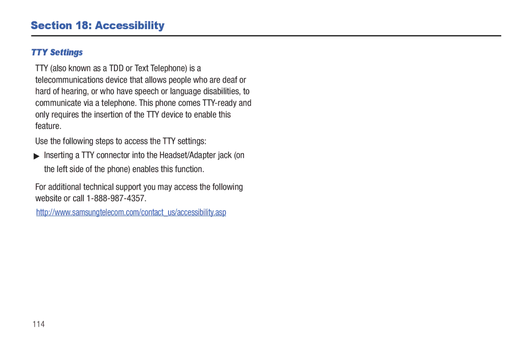 Samsung SGH-A687ZPAATT user manual Accessibility, TTY Settings, Use the following steps to access the TTY settings, 114 