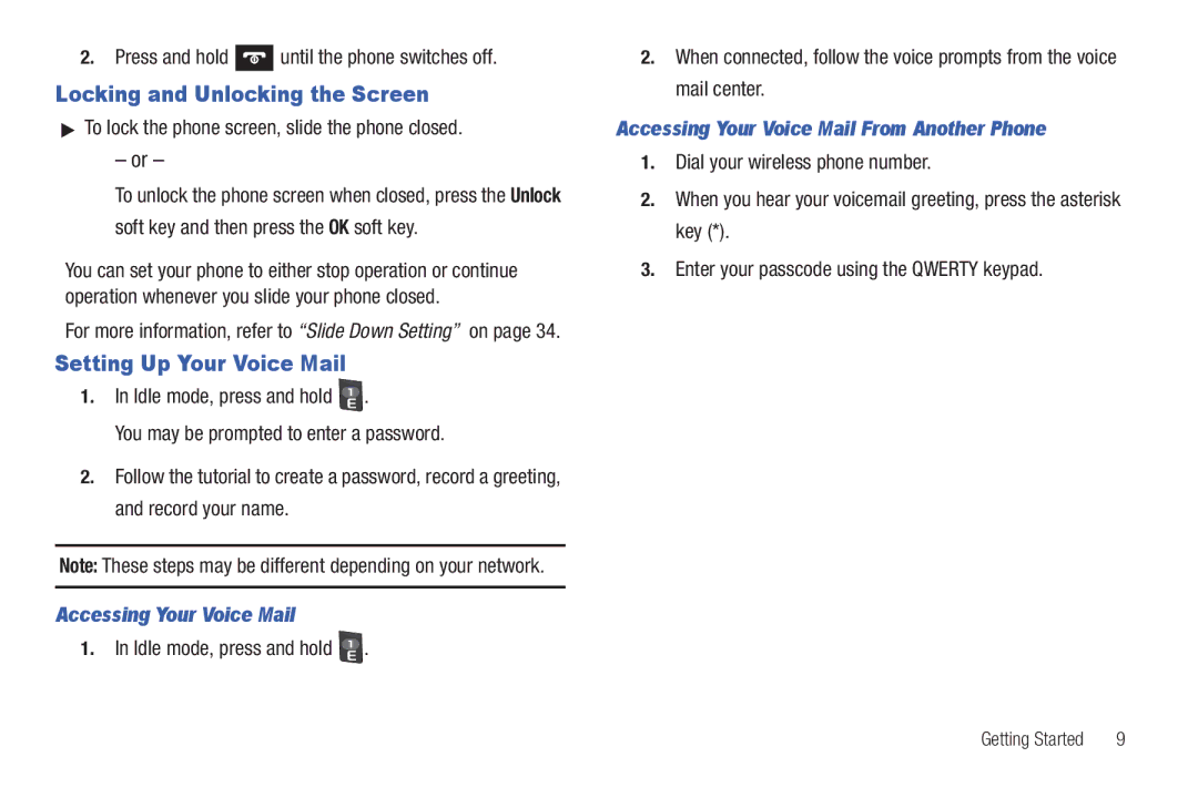 Samsung SGH-A687ZPAATT Locking and Unlocking the Screen, Setting Up Your Voice Mail, Accessing Your Voice Mail 