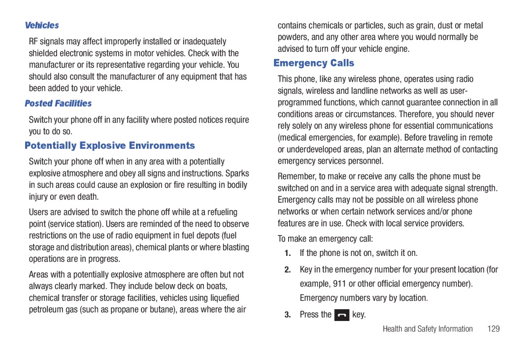 Samsung SGH-A687ZPAATT user manual Potentially Explosive Environments, Emergency Calls, Vehicles, Posted Facilities 