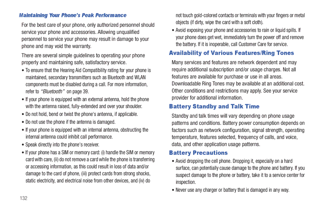 Samsung SGH-A687ZPAATT Availability of Various Features/Ring Tones, Battery Standby and Talk Time, Battery Precautions 