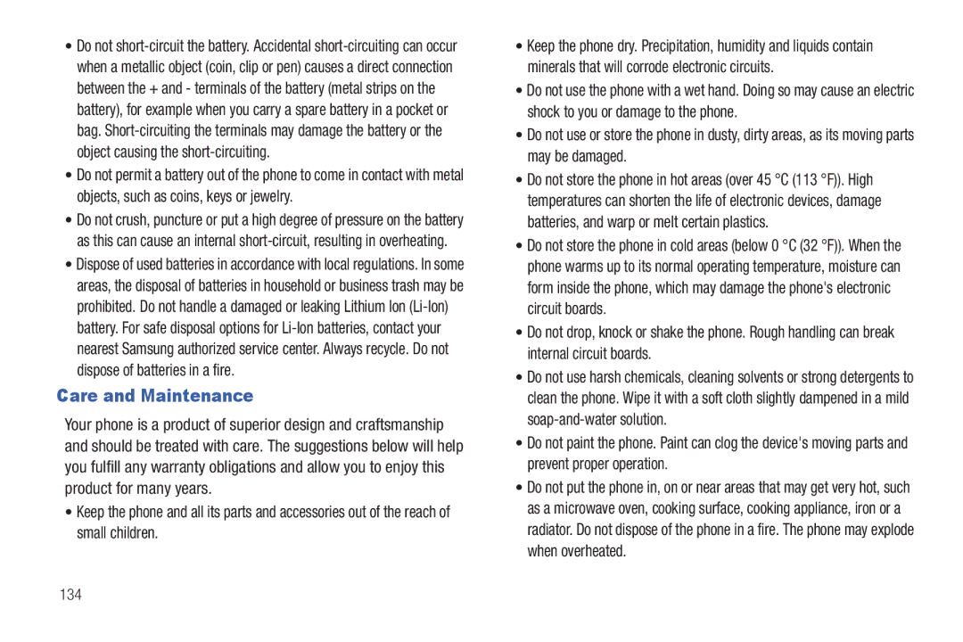 Samsung SGH-A687ZPAATT user manual Care and Maintenance, 134 