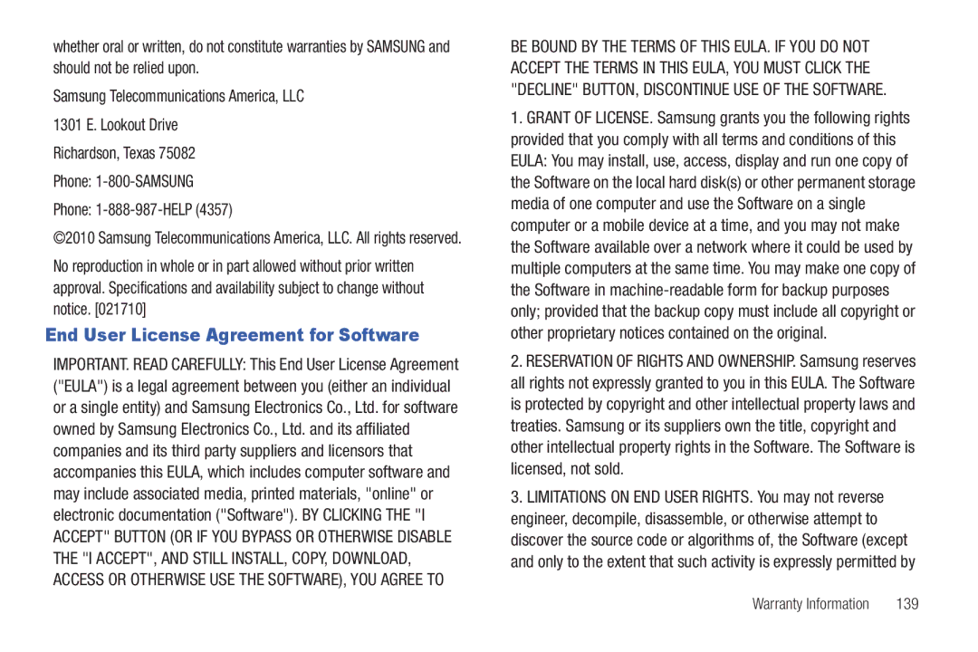 Samsung SGH-A687ZPAATT user manual End User License Agreement for Software, 139 