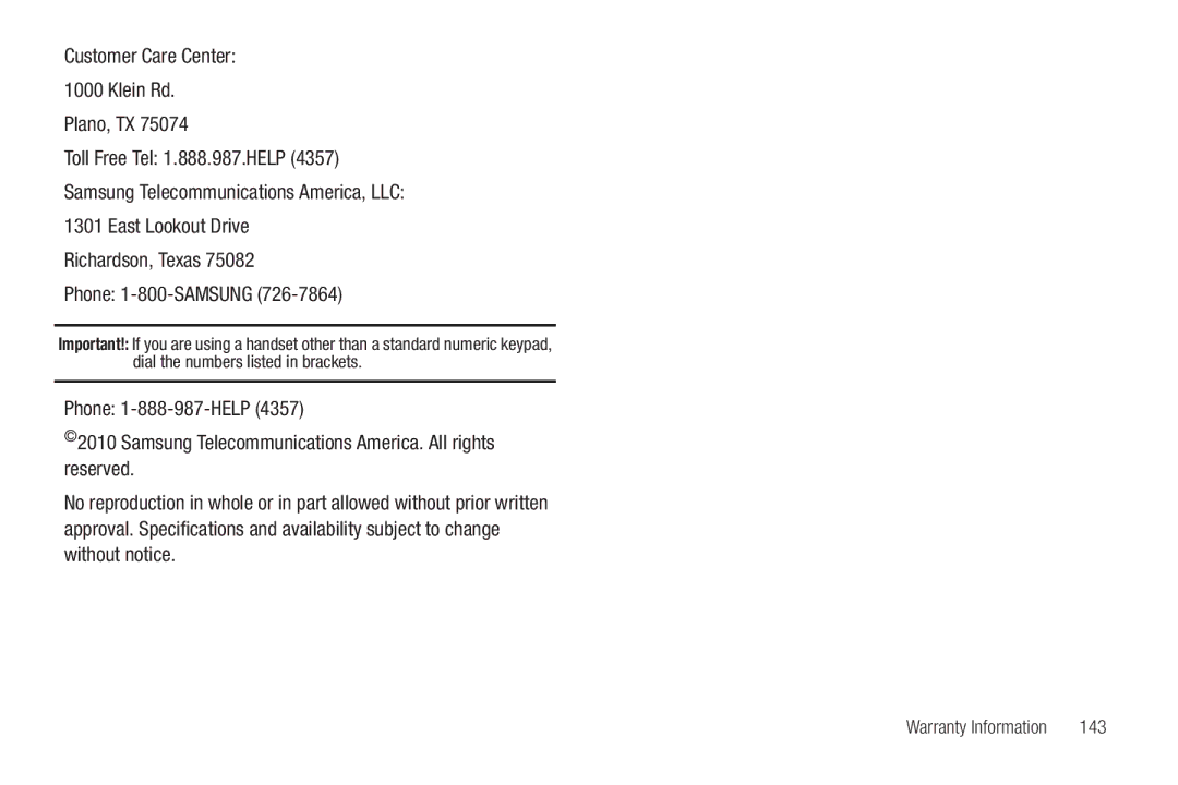 Samsung SGH-A687ZPAATT user manual Customer Care Center Klein Rd Plano, TX, Richardson, Texas Phone 1-800-SAMSUNG, 143 