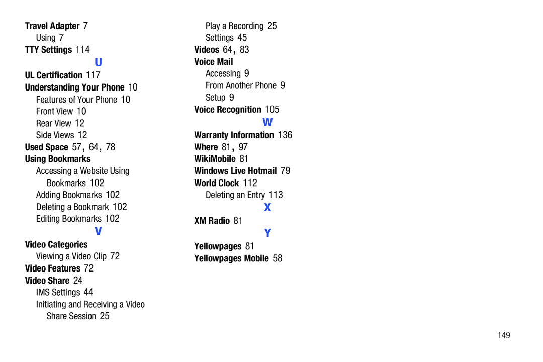 Samsung SGH-A687 Travel Adapter, TTY Settings, Used Space 57, 64 Using Bookmarks, Video Categories, Videos 64 Voice Mail 