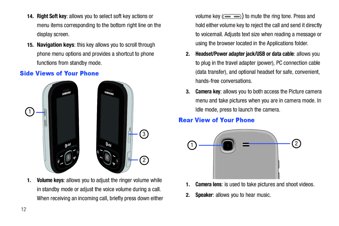 Samsung SGH-A687ZPAATT user manual Side Views of Your Phone, Rear View of Your Phone, Speaker allows you to hear music 