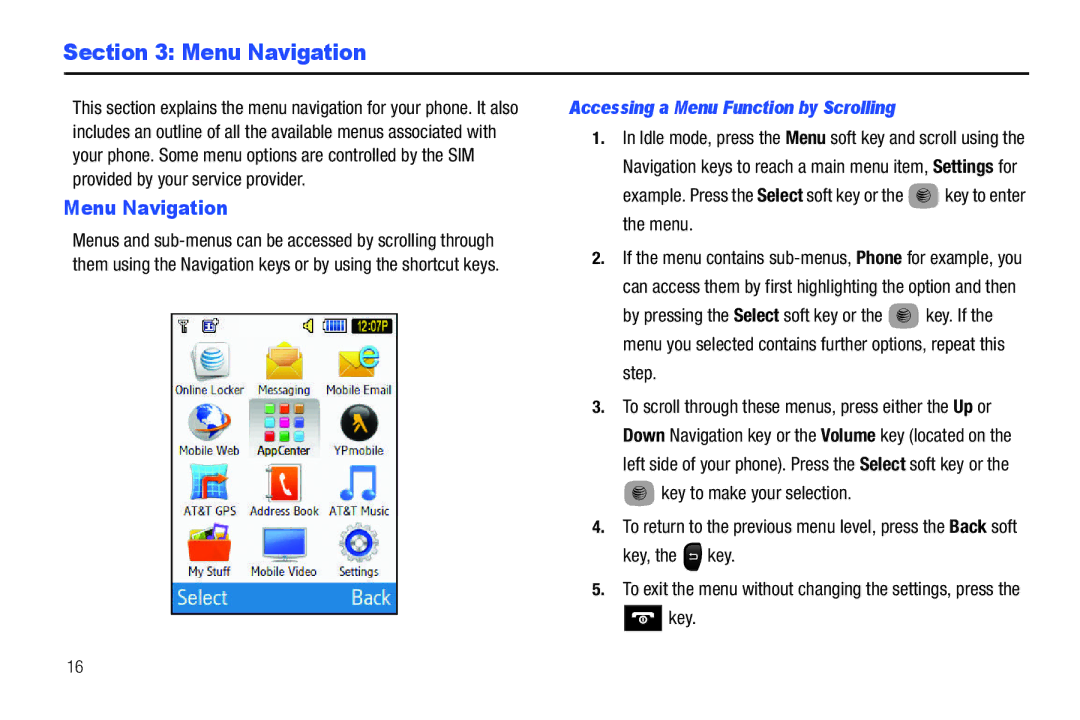 Samsung SGH-A687ZPAATT user manual Menu Navigation, Accessing a Menu Function by Scrolling 