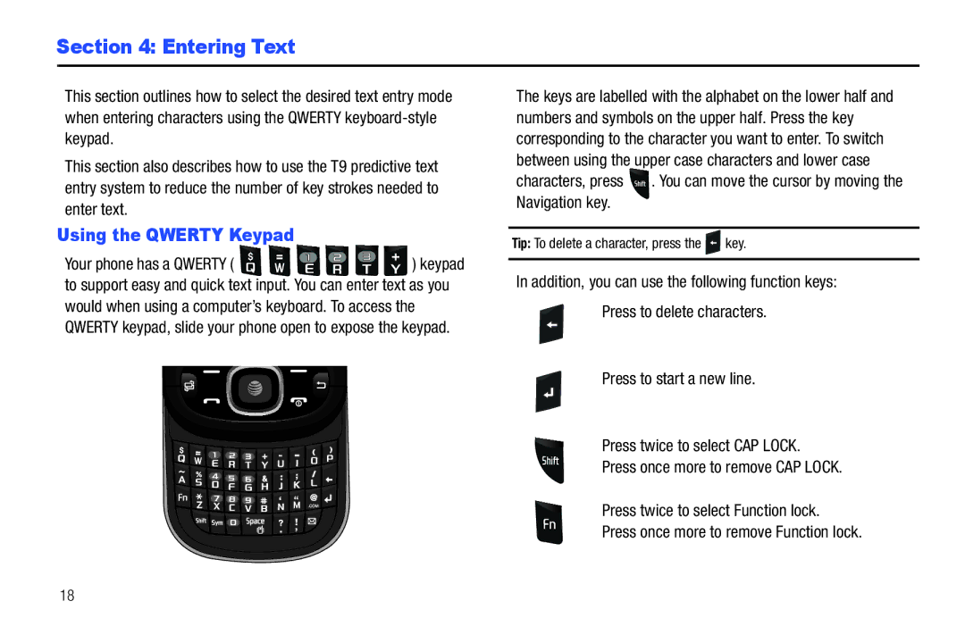 Samsung SGH-A687ZPAATT user manual Entering Text, Using the Qwerty Keypad, Tip To delete a character, press the key 