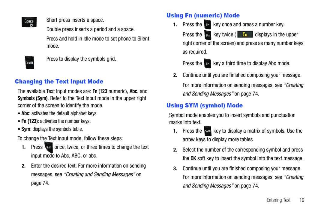 Samsung SGH-A687ZPAATT user manual Changing the Text Input Mode, Using Fn numeric Mode, Using SYM symbol Mode 