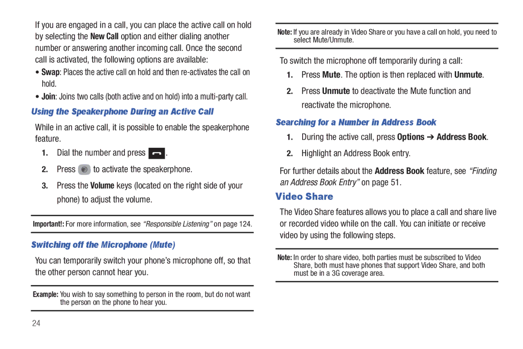 Samsung SGH-A687ZPAATT Video Share, Using the Speakerphone During an Active Call, Switching off the Microphone Mute 