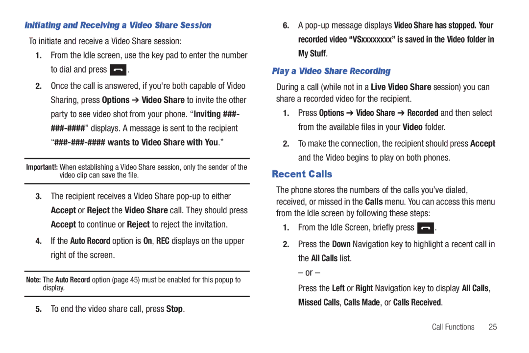 Samsung SGH-A687ZPAATT user manual Recent Calls, Initiating and Receiving a Video Share Session, To dial and press 