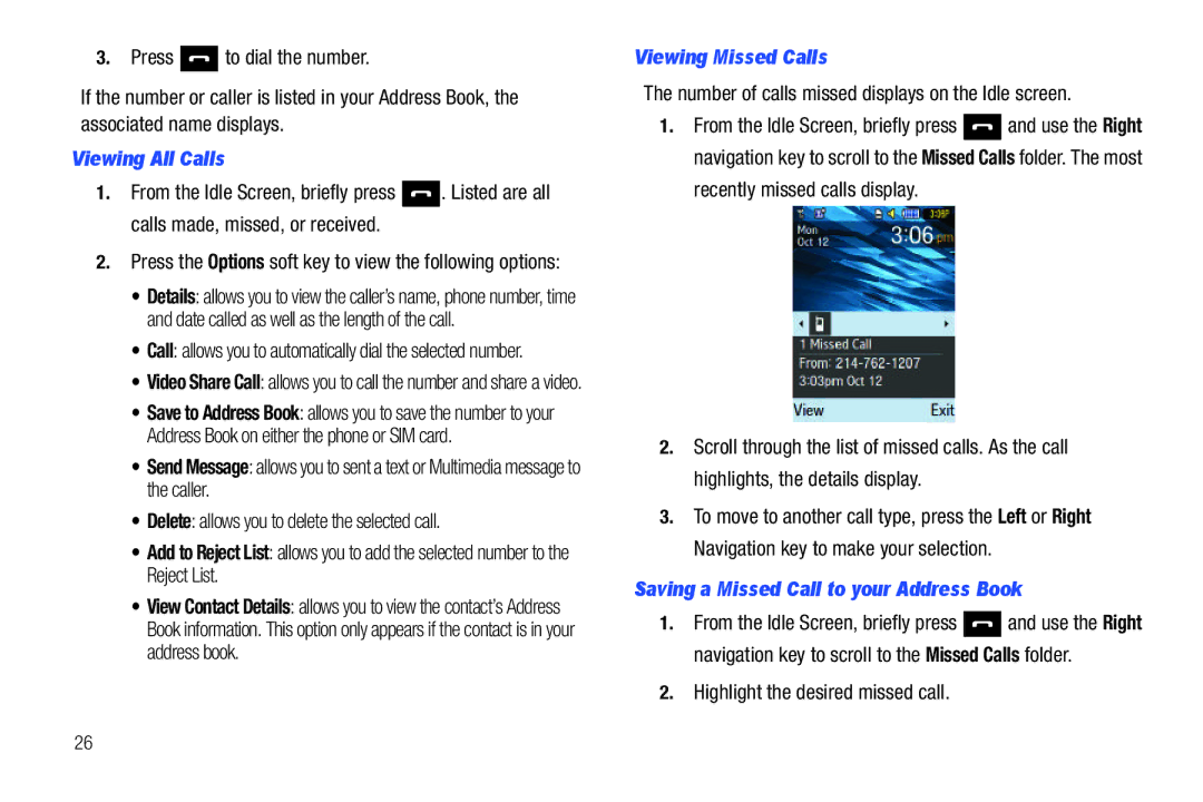 Samsung SGH-A687ZPAATT user manual Viewing All Calls, Viewing Missed Calls, Saving a Missed Call to your Address Book 