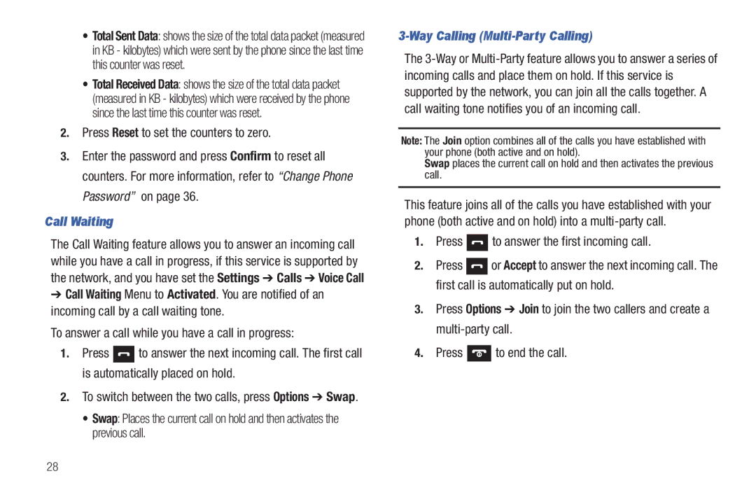 Samsung SGH-A687ZPAATT user manual Press Reset to set the counters to zero, Call Waiting, Way Calling Multi-Party Calling 