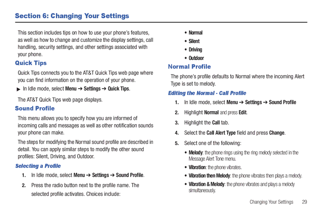 Samsung SGH-A687ZPAATT user manual Changing Your Settings, Quick Tips, Sound Profile, Normal Profile 