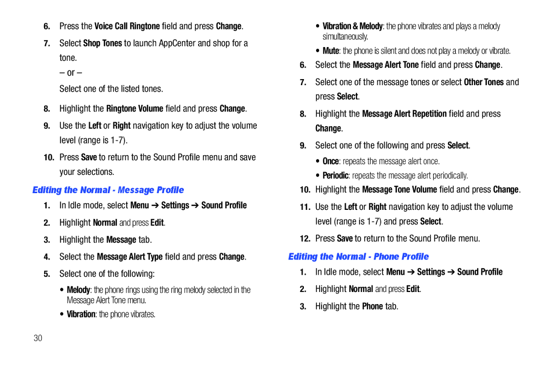 Samsung SGH-A687ZPAATT Editing the Normal Message Profile, Highlight Normal and press Edit Highlight the Message tab 