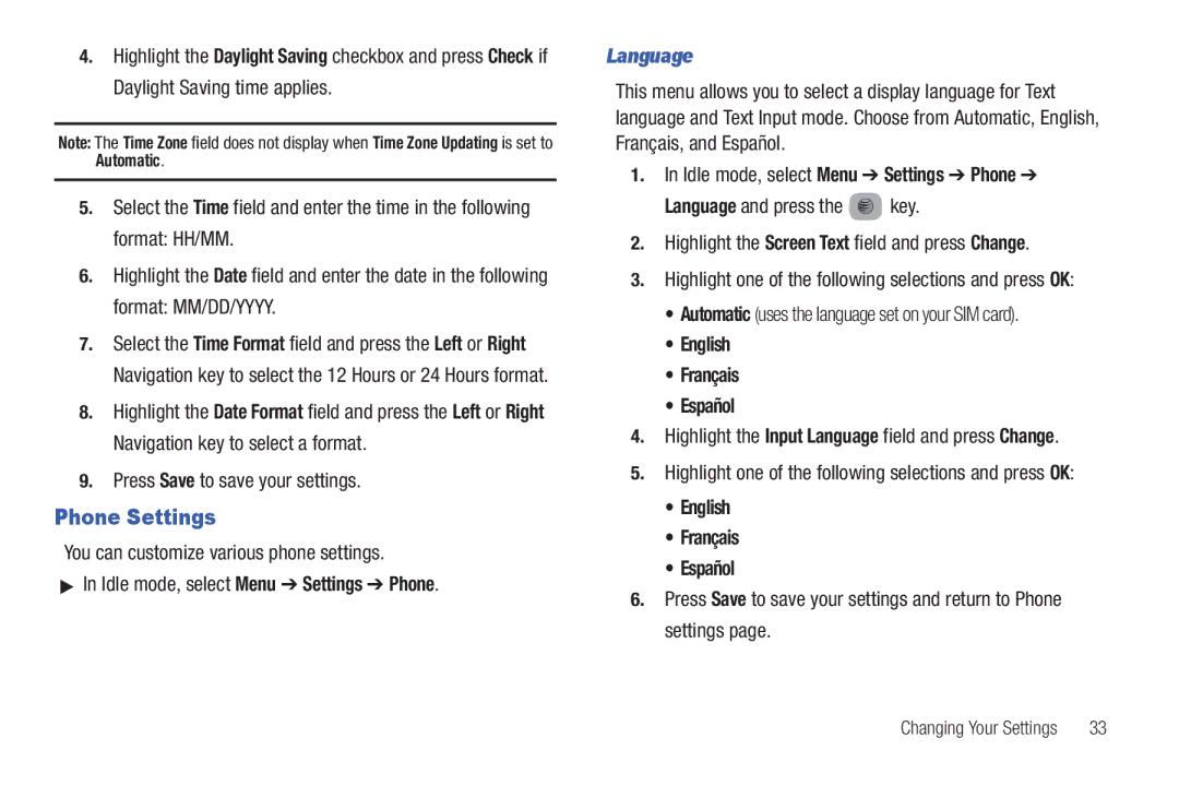 Samsung SGH-A687ZPAATT user manual Phone Settings, Press Save to save your settings, Language, English Français Español 