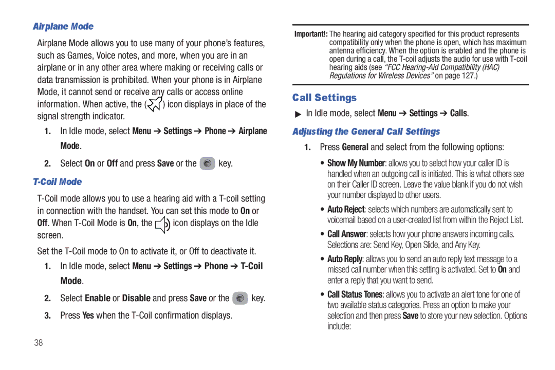 Samsung SGH-A687ZPAATT user manual Airplane Mode, Coil Mode, Adjusting the General Call Settings 