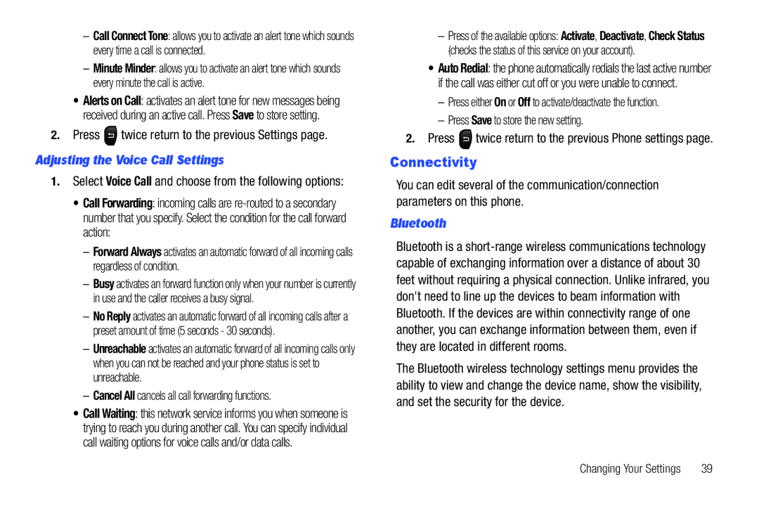 Samsung SGH-A687ZPAATT user manual Connectivity, Adjusting the Voice Call Settings, Bluetooth 