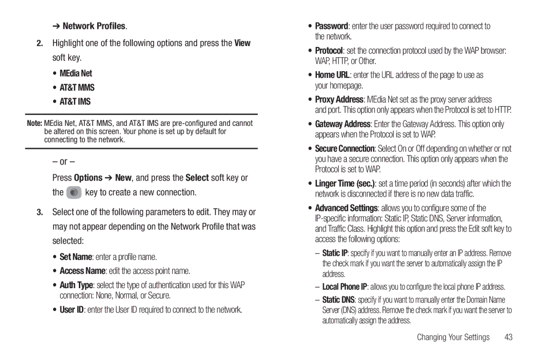 Samsung SGH-A687ZPAATT user manual Network Profiles, MEdia Net, Connection None, Normal, or Secure 