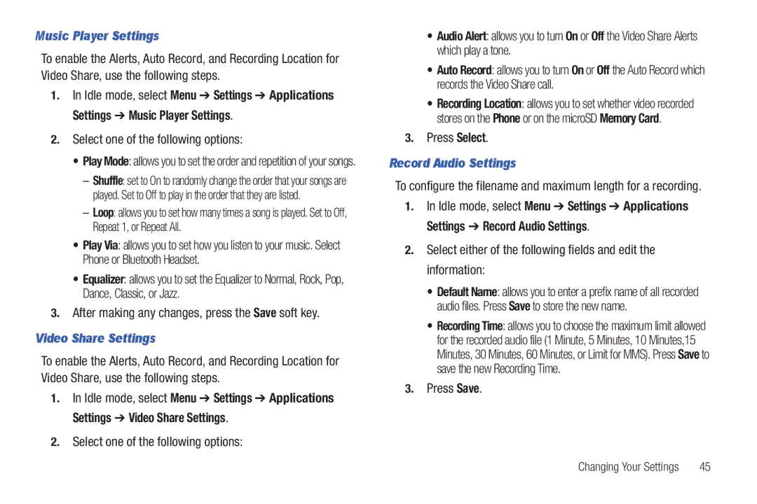 Samsung SGH-A687 user manual Music Player Settings, After making any changes, press the Save soft key, Video Share Settings 