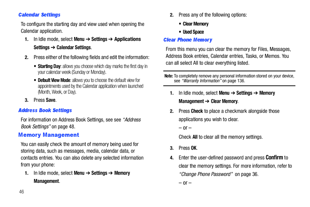 Samsung SGH-A687ZPAATT user manual Memory Management, Calendar Settings, Address Book Settings, Clear Phone Memory 