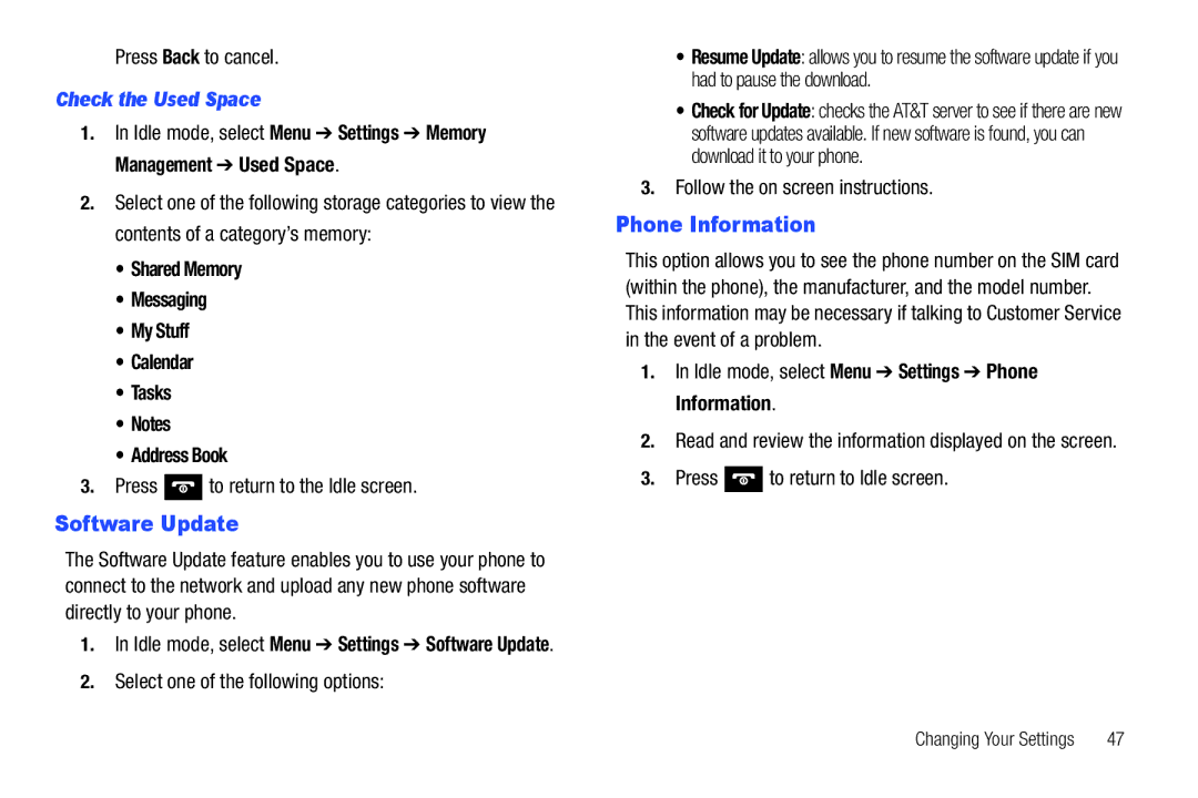 Samsung SGH-A687ZPAATT user manual Software Update, Phone Information, Check the Used Space 