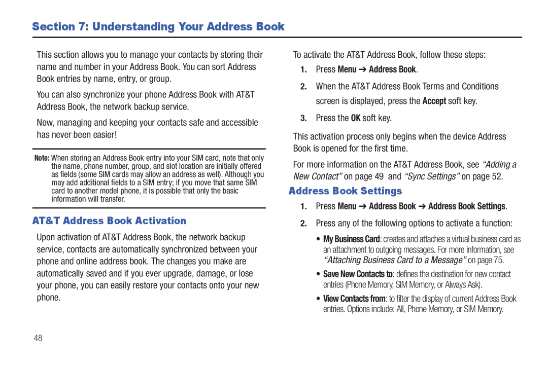 Samsung SGH-A687ZPAATT user manual Understanding Your Address Book, AT&T Address Book Activation, Address Book Settings 