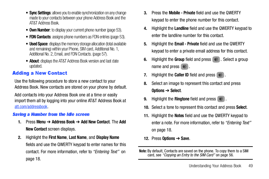 Samsung SGH-A687ZPAATT user manual Adding a New Contact, Saving a Number from the Idle screen, Press Options Save 