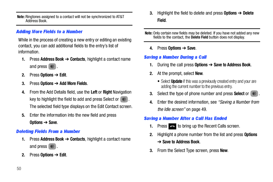 Samsung SGH-A687ZPAATT Adding More Fields to a Number, Deleting Fields From a Number, Saving a Number During a Call 