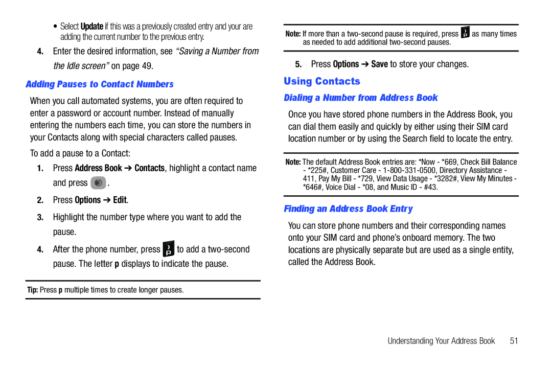 Samsung SGH-A687 Using Contacts, Adding Pauses to Contact Numbers, Press Options Edit, Dialing a Number from Address Book 