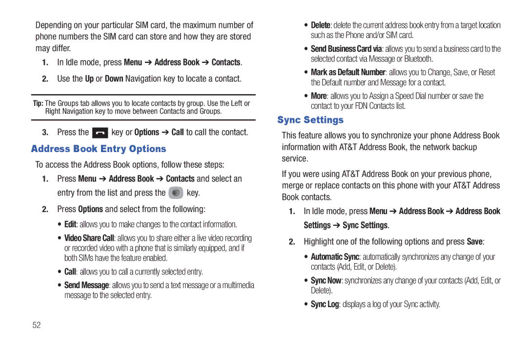 Samsung SGH-A687ZPAATT Address Book Entry Options, Sync Settings, To access the Address Book options, follow these steps 