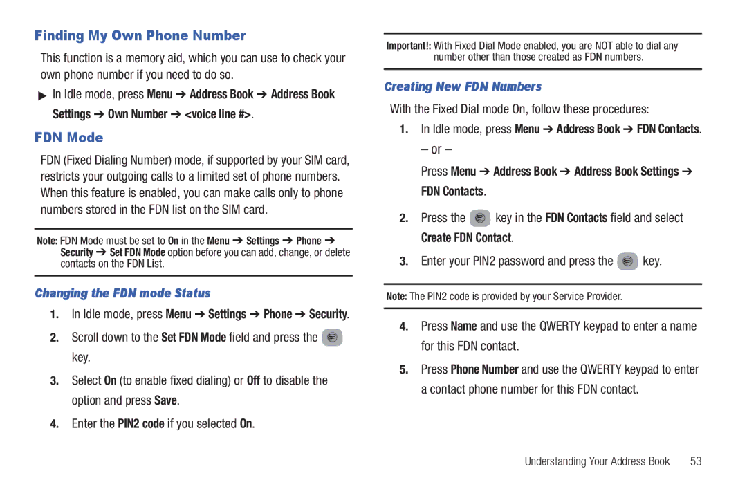 Samsung SGH-A687 user manual Finding My Own Phone Number, FDN Mode, Changing the FDN mode Status, Creating New FDN Numbers 