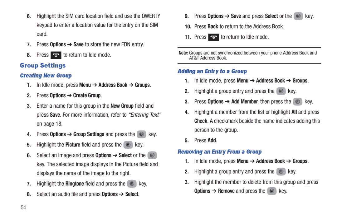 Samsung SGH-A687ZPAATT Group Settings, Creating New Group, Press Options Create Group, Adding an Entry to a Group 