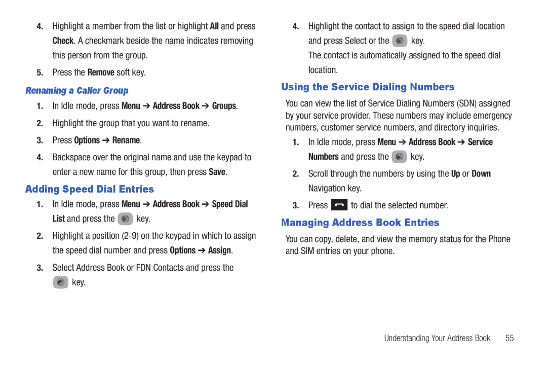 Samsung SGH-A687 user manual Adding Speed Dial Entries, Using the Service Dialing Numbers, Managing Address Book Entries 