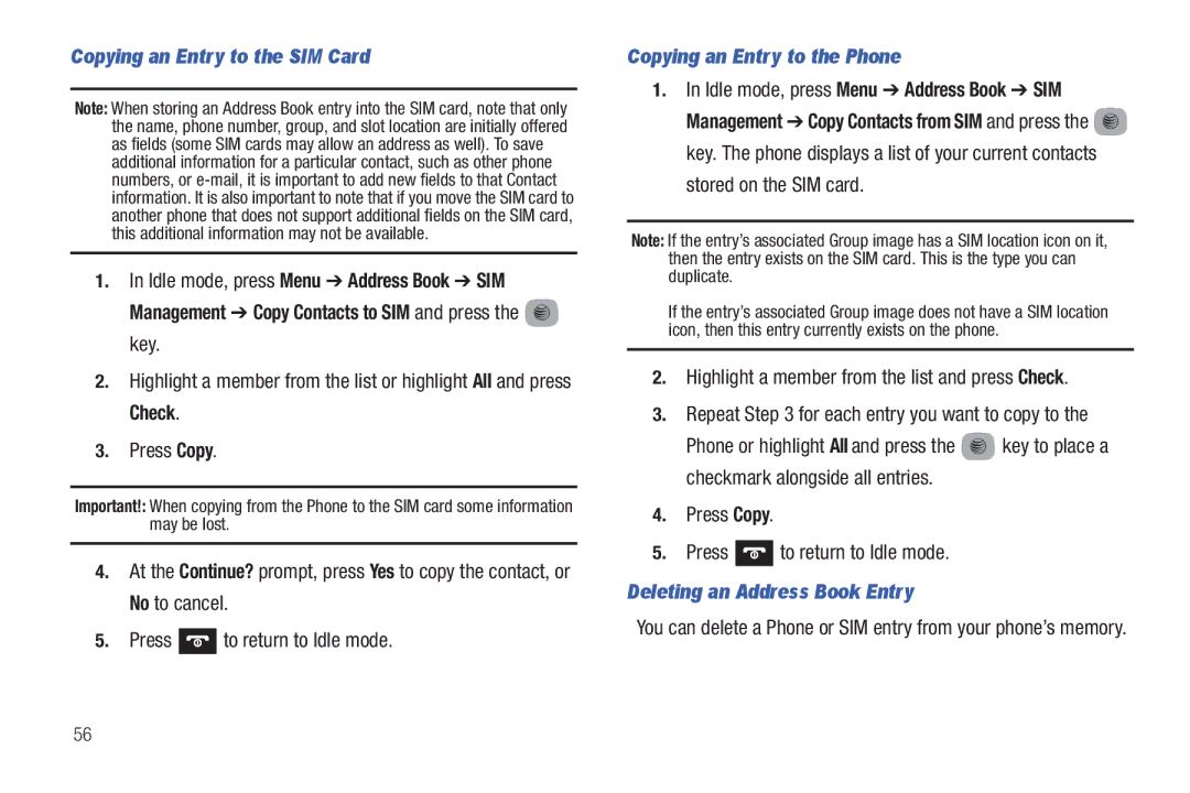 Samsung SGH-A687ZPAATT user manual Copying an Entry to the SIM Card, Copying an Entry to the Phone, Stored on the SIM card 