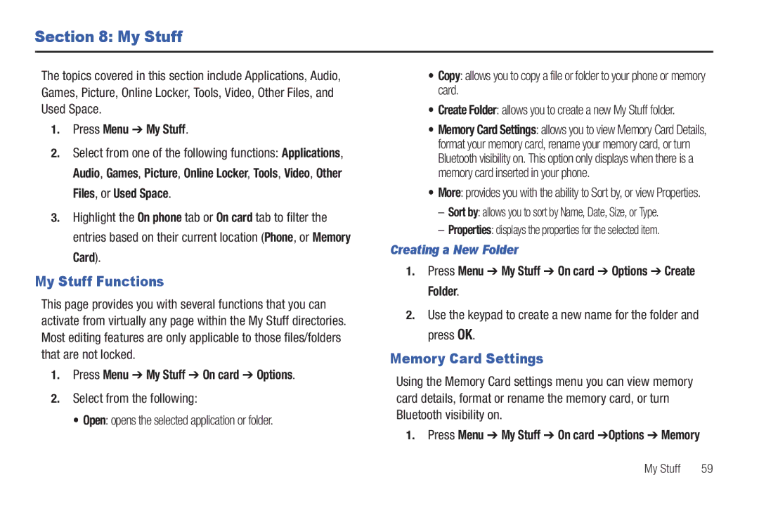 Samsung SGH-A687ZPAATT user manual My Stuff Functions, Memory Card Settings, Creating a New Folder 