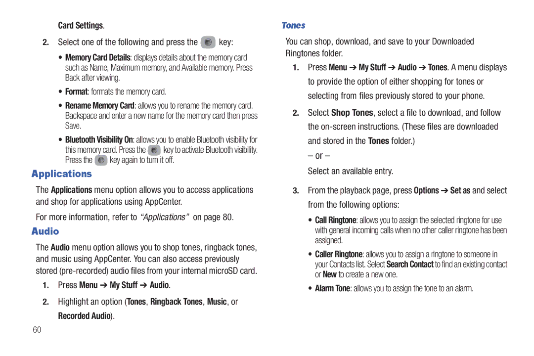 Samsung SGH-A687ZPAATT user manual Applications, Audio, Card Settings, Tones 