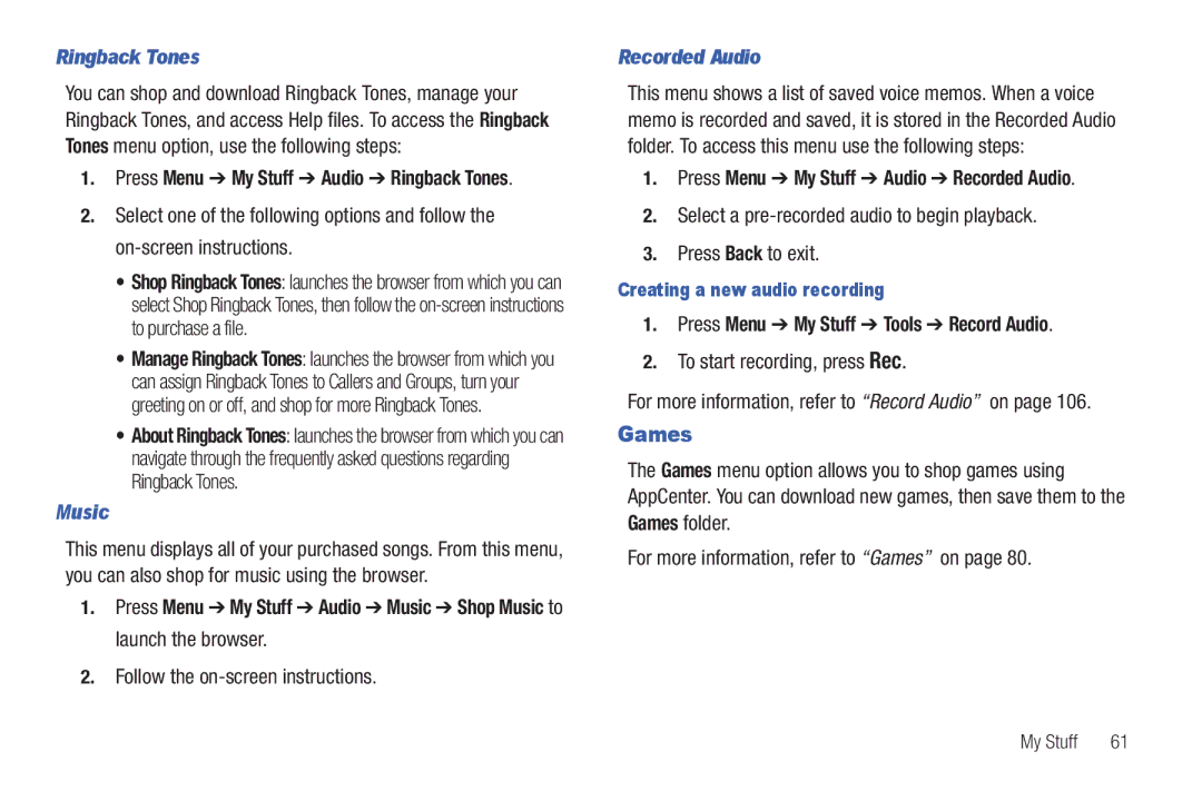 Samsung SGH-A687ZPAATT user manual Games, Ringback Tones, Music, Recorded Audio, Press Menu My Stuff Tools Record Audio 