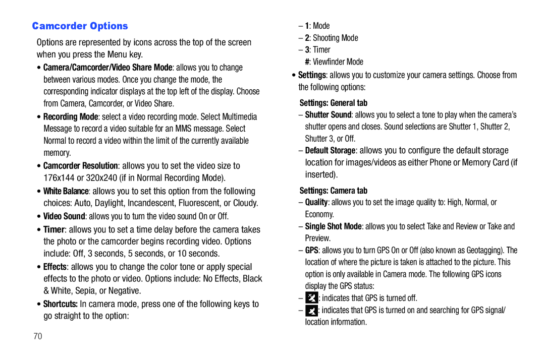 Samsung SGH-A687ZPAATT user manual Camcorder Options, Video Sound allows you to turn the video sound On or Off 