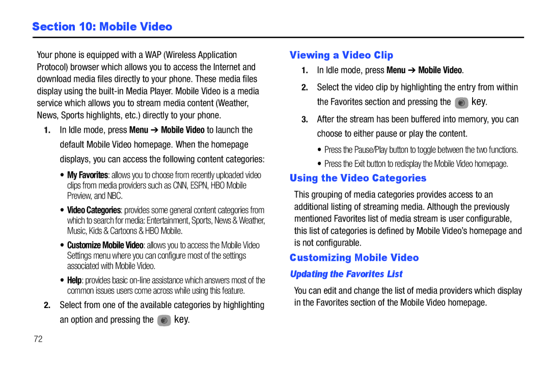 Samsung SGH-A687ZPAATT user manual Viewing a Video Clip, Using the Video Categories, Customizing Mobile Video 