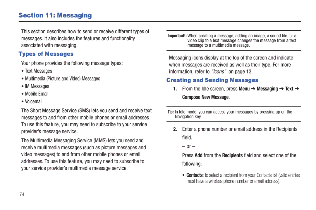 Samsung SGH-A687ZPAATT user manual Messaging, Types of Messages, Creating and Sending Messages, Following 