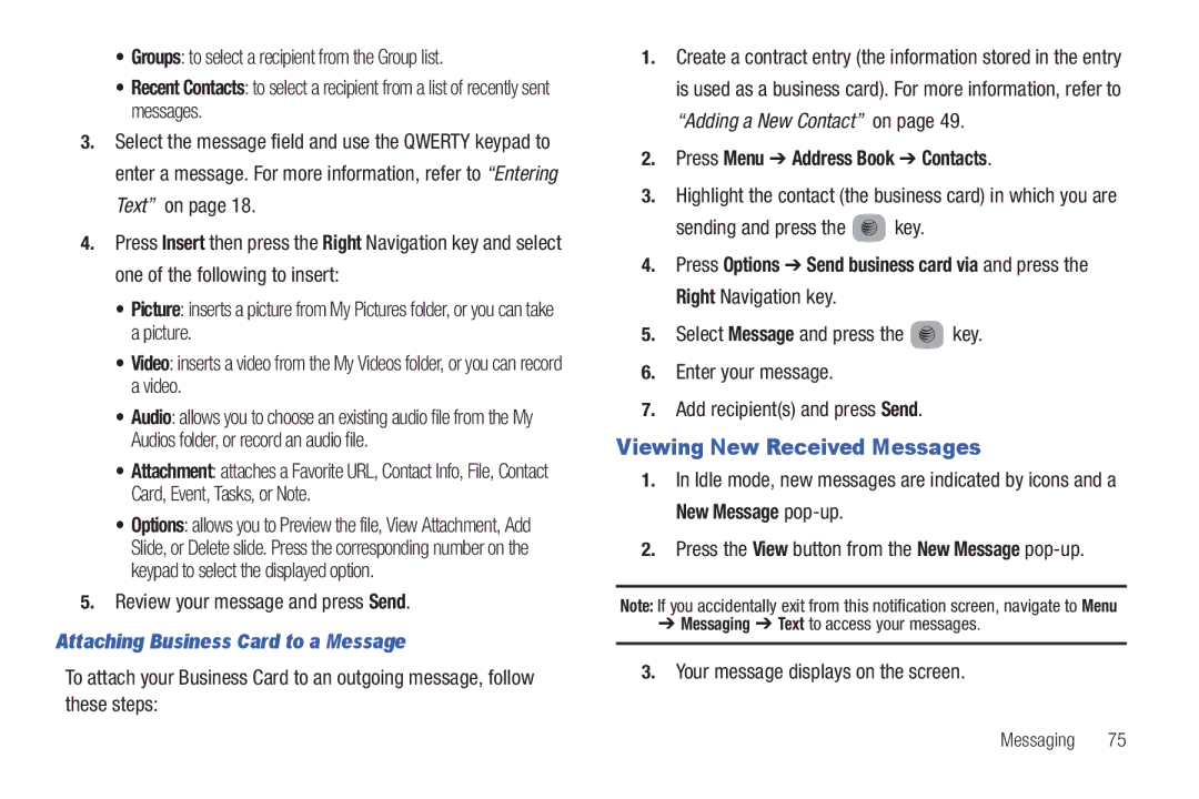 Samsung SGH-A687 Viewing New Received Messages, Attaching Business Card to a Message, Press Menu Address Book Contacts 