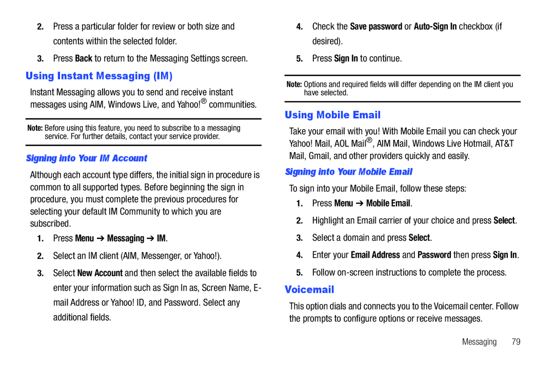 Samsung SGH-A687ZPAATT Using Instant Messaging IM, Using Mobile Email, Voicemail, Signing into Your IM Account 