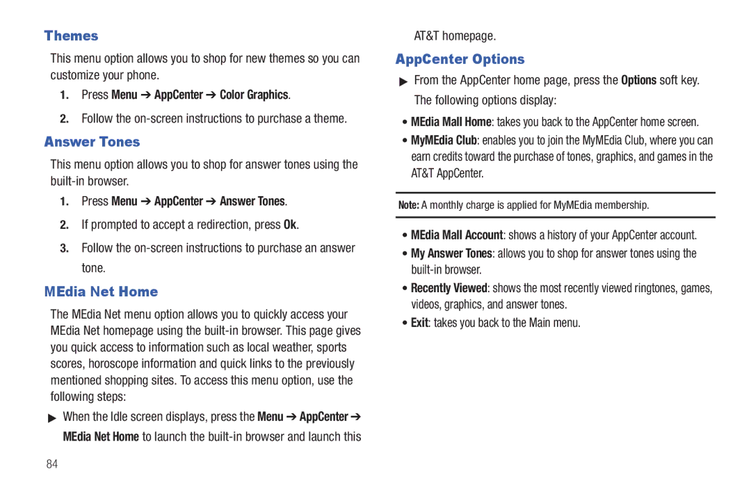 Samsung SGH-A687ZPAATT user manual Themes, MEdia Net Home, AppCenter Options, Press Menu AppCenter Answer Tones 