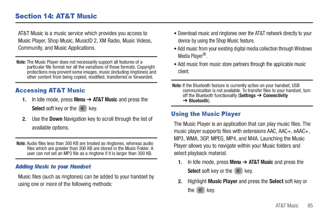 Samsung SGH-A687ZPAATT user manual Accessing AT&T Music, Using the Music Player, Adding Music to your Handset 