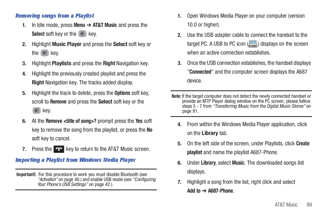 Samsung SGH-A687ZPAATT user manual Removing songs from a Playlist, Importing a Playlist from Windows Media Player 