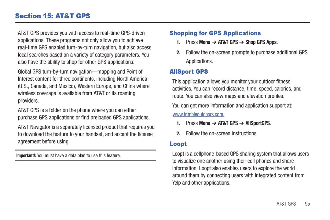 Samsung SGH-A687ZPAATT user manual At&T Gps, Shopping for GPS Applications, AllSport GPS, Loopt 