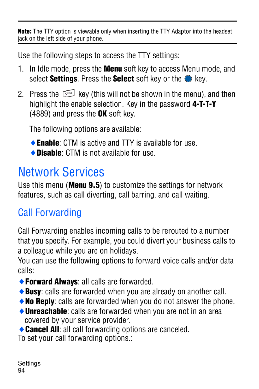 Samsung SGH-C327 user manual Network Services, Call Forwarding, Use the following steps to access the TTY settings 