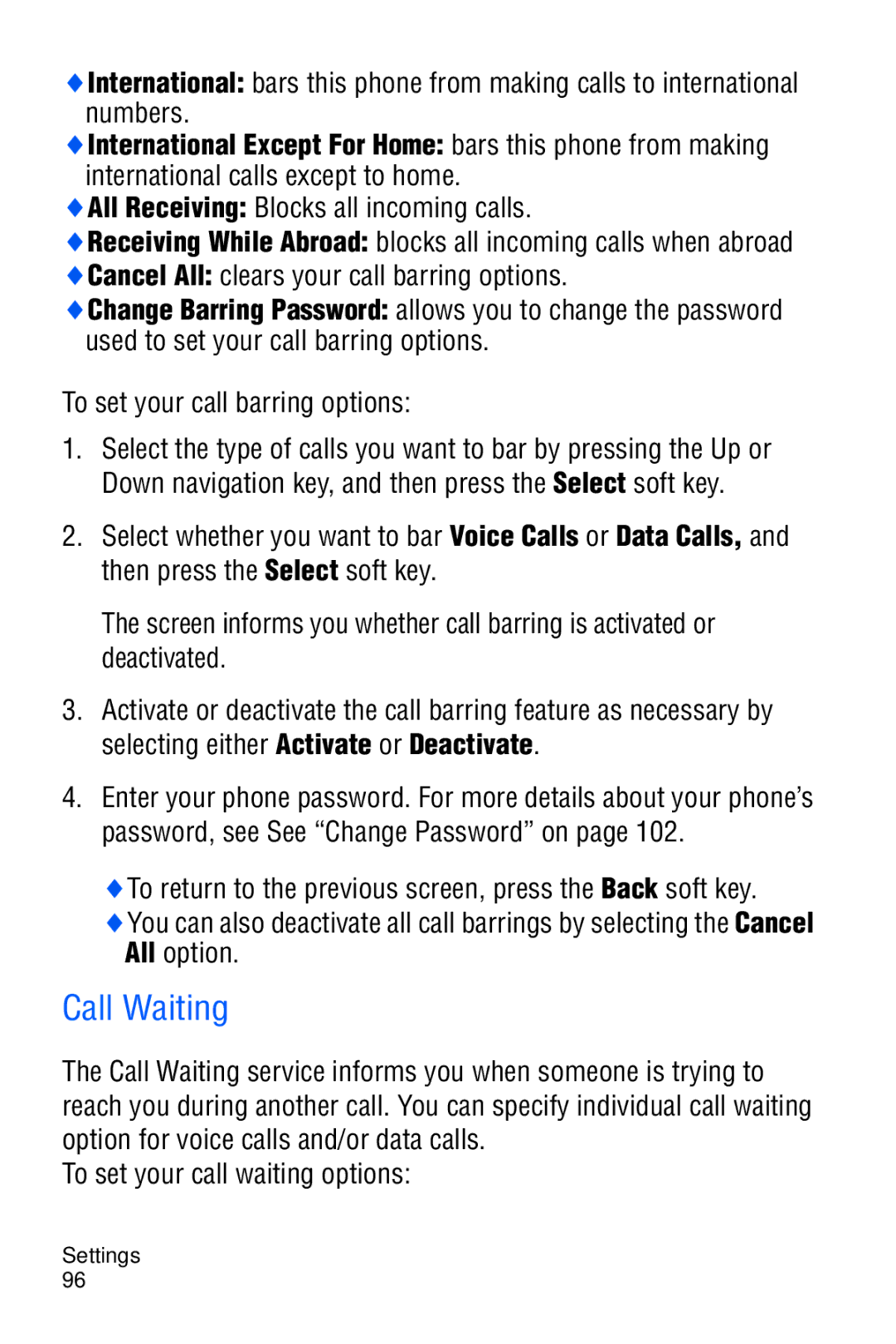 Samsung SGH-C327 user manual Call Waiting, To set your call barring options, To set your call waiting options 