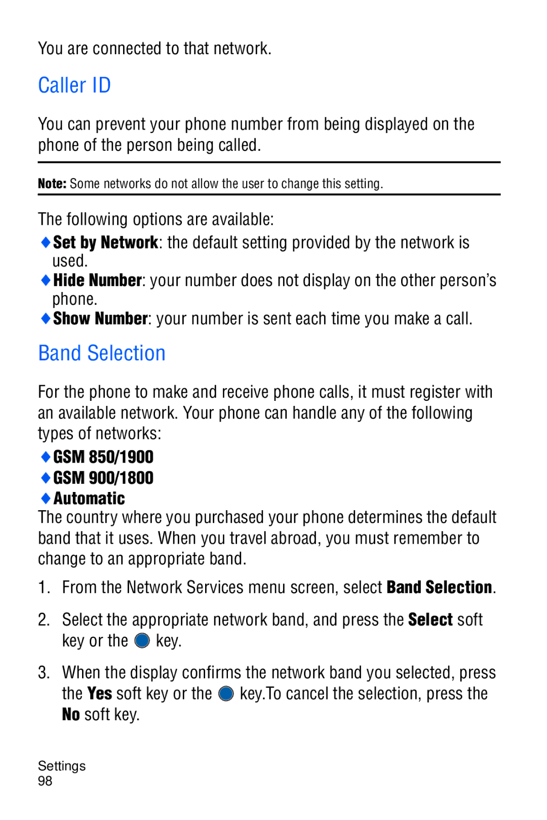 Samsung SGH-C327 user manual Caller ID, Band Selection, You are connected to that network 